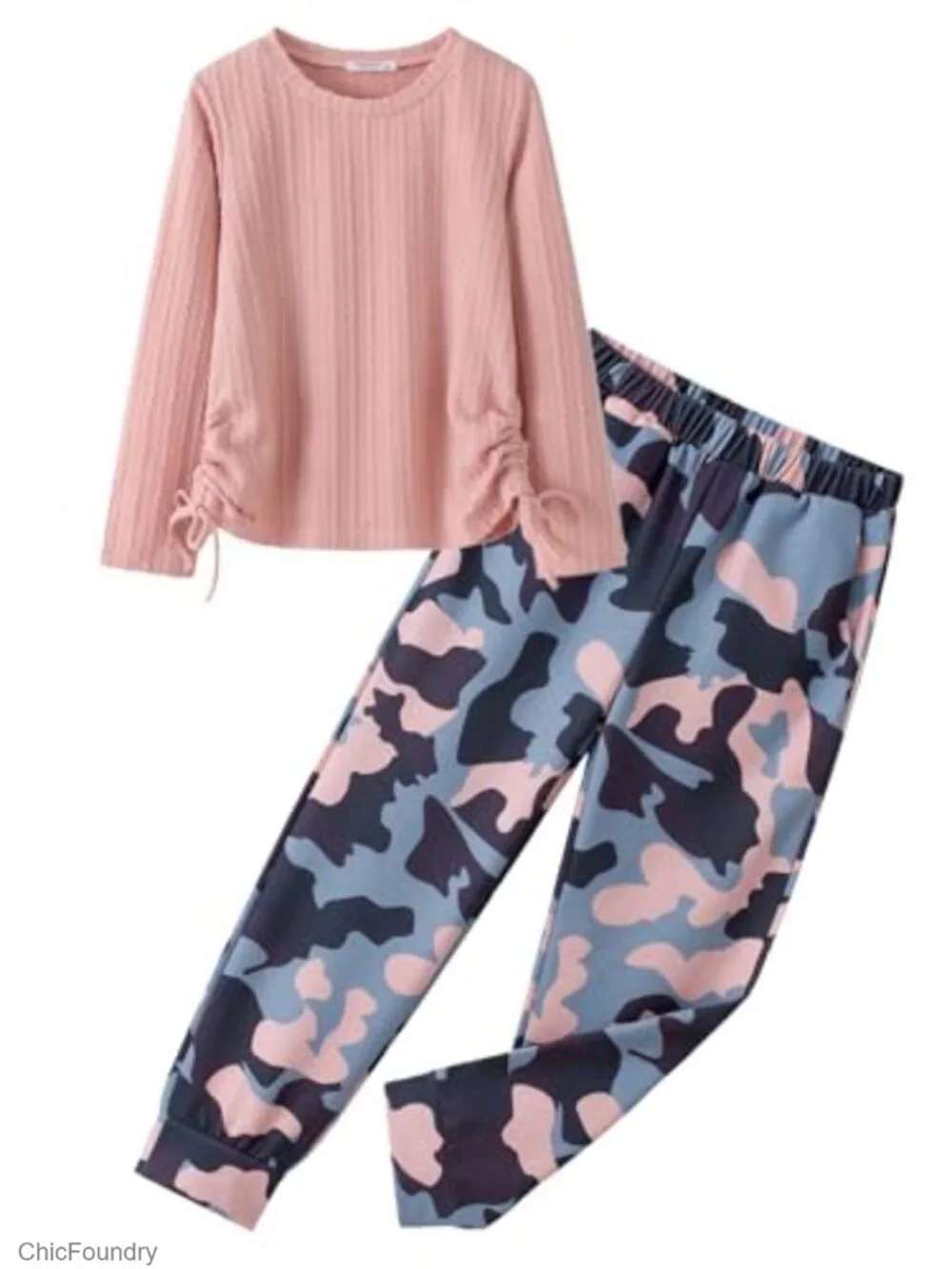 Girls 2 Piece Set Long Sleeve Ribbed Knit Top & Camo Pants